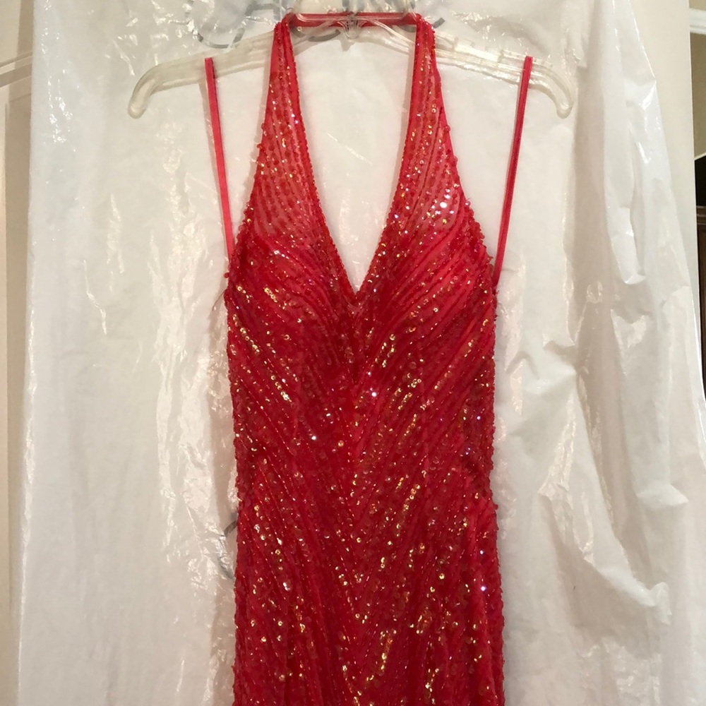 Cache dark coral/pink beaded evening/prom dress